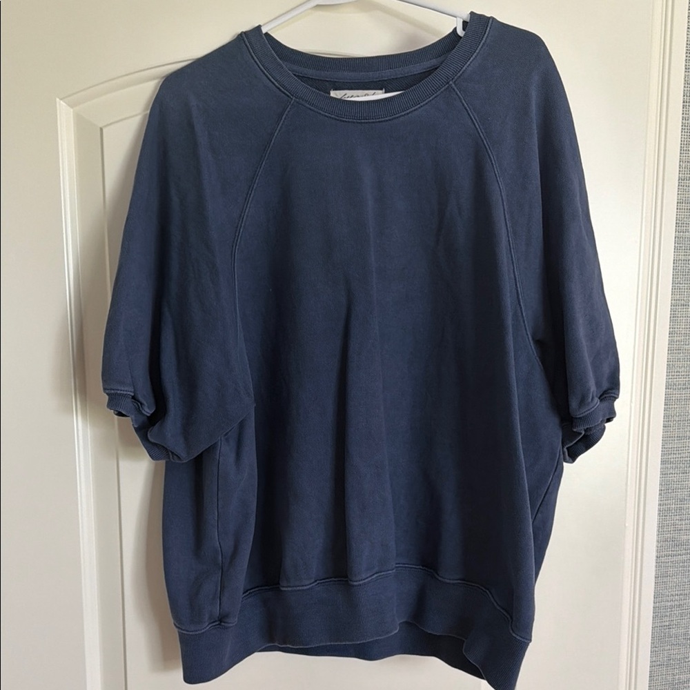 Free People Navy Short Sleeve Boxy Sweatshirt